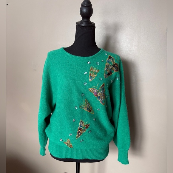 PRINCESS BOUTIQUES 1970s green sweater butterfly bedazzled lambswool angora EUC - Picture 10 of 12